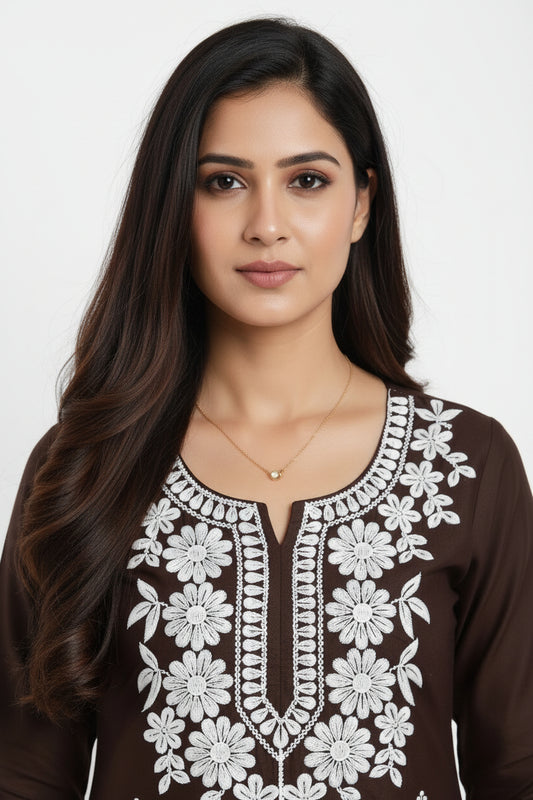 Dark Brown Viscose Rayon Chikankari Embroidered Straight kurti