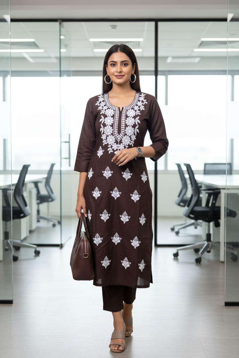 Dark Brown Viscose Rayon Chikankari Embroidered Straight kurti