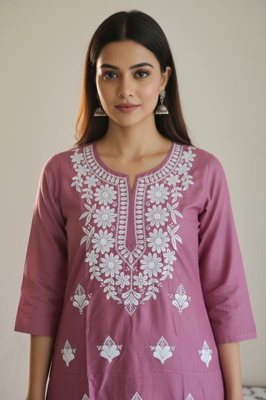 Onion Pink Viscose Rayon Chikankari straight Kurti