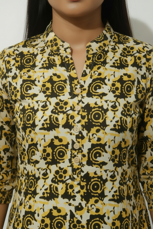 Yellow Cottton printed Straight Kurti with 3/4 th sleeves