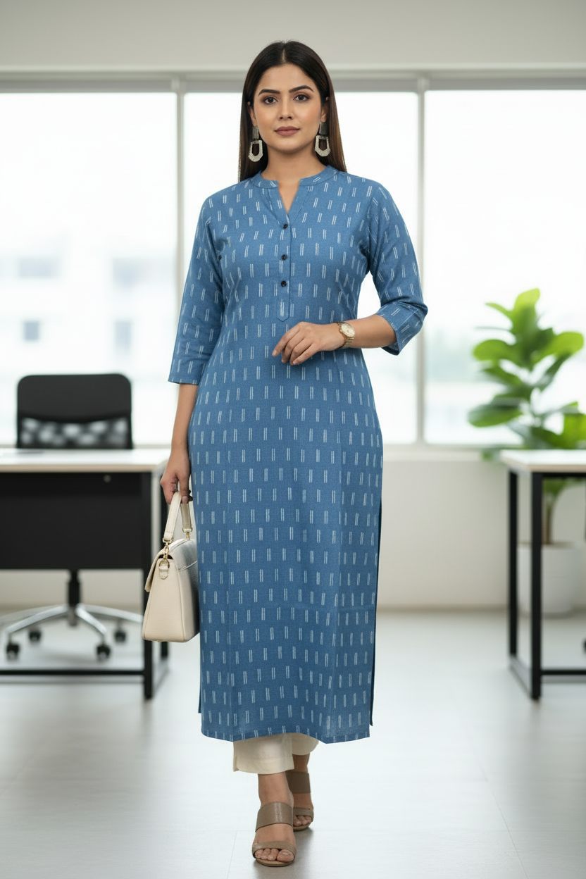Blue Cotton Printed A line Kurti