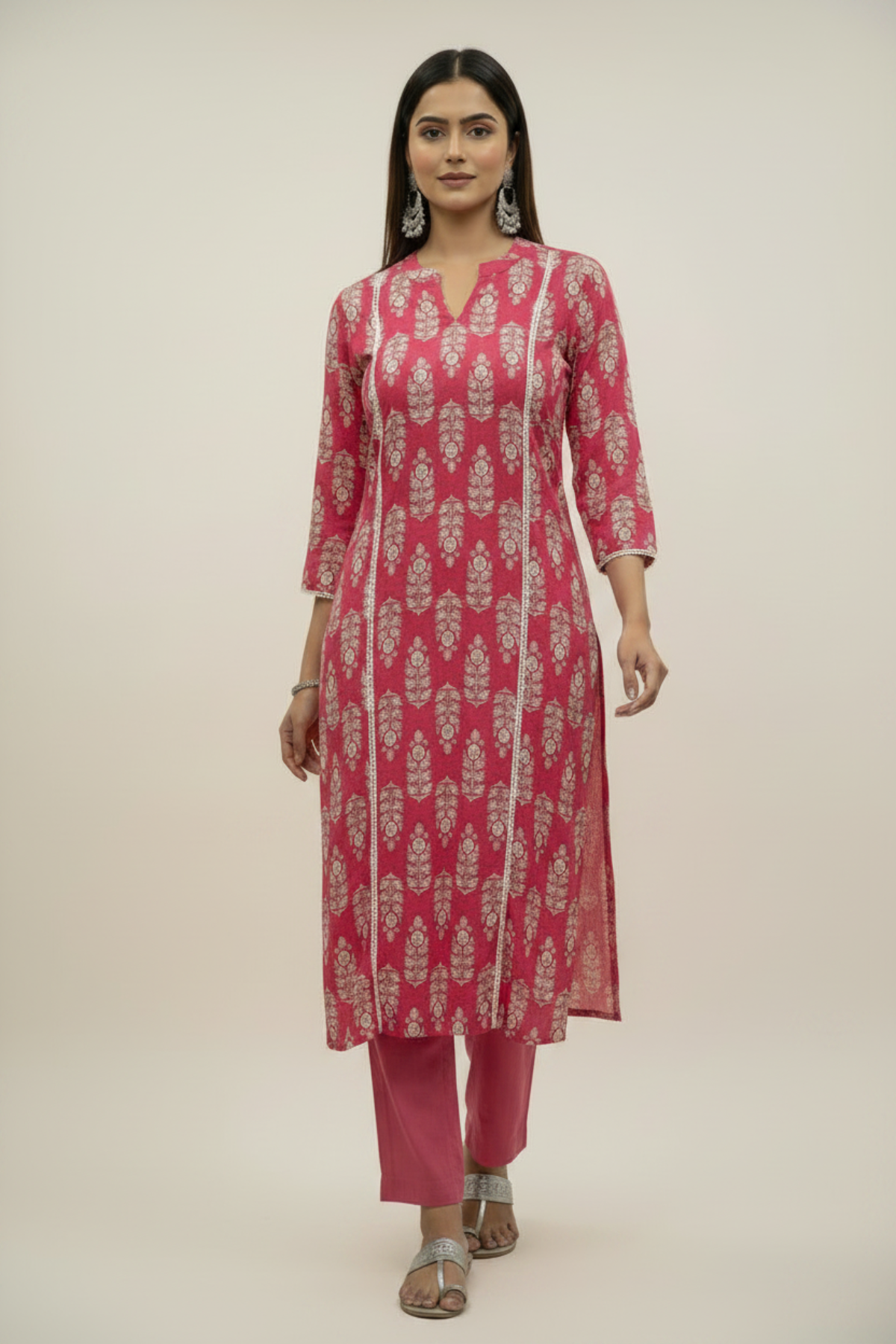 Pink Cotton Floral Printed A line Kurti