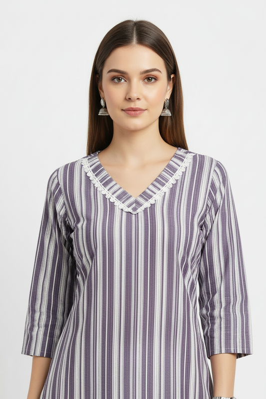 Grey Cotton Vertical Striped A-Line Kurti