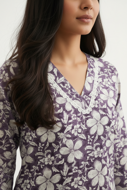 Purple Cotton Floral Printed A Line Kurti