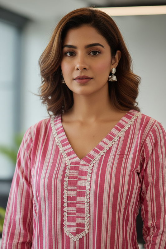 Pink Cotton Striped A Line kurti with 3/4 th sleeves