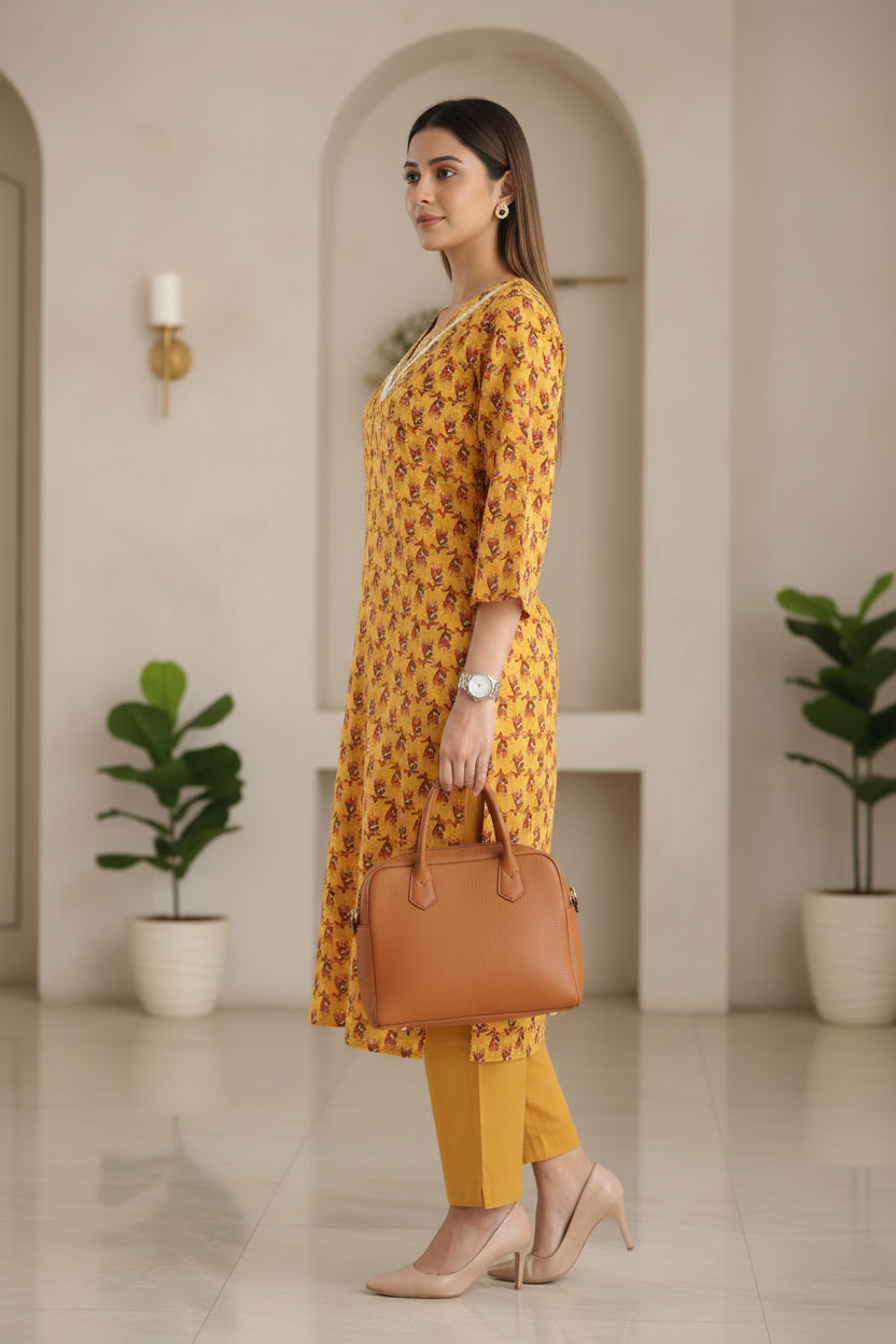 Yellow Floral Printed Straight Kurti
