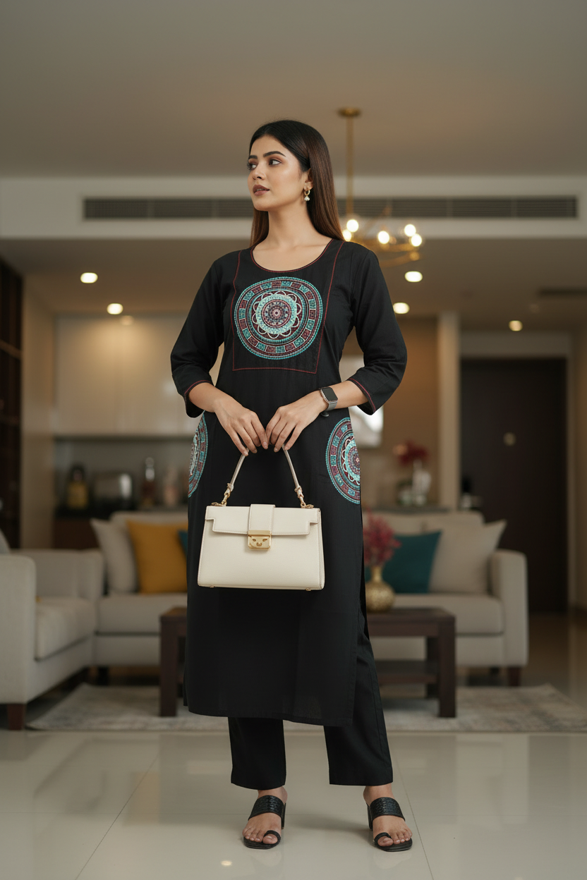 Black Embroidered Cotton A Line Kurti Pant Set