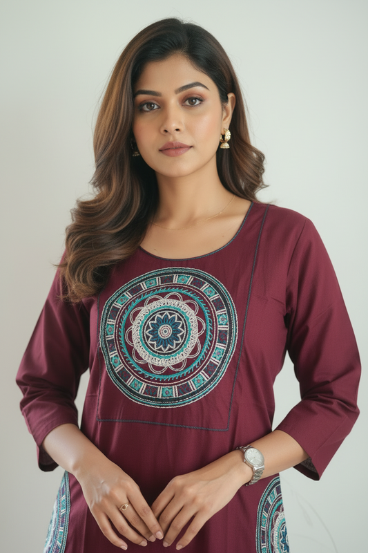 Wine Embroidered Cotton A Line Kurti Pant Set