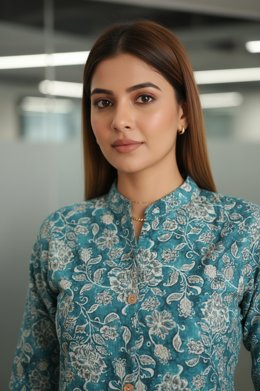 Blue Floral Printed Cotton A Line Flared Cordset