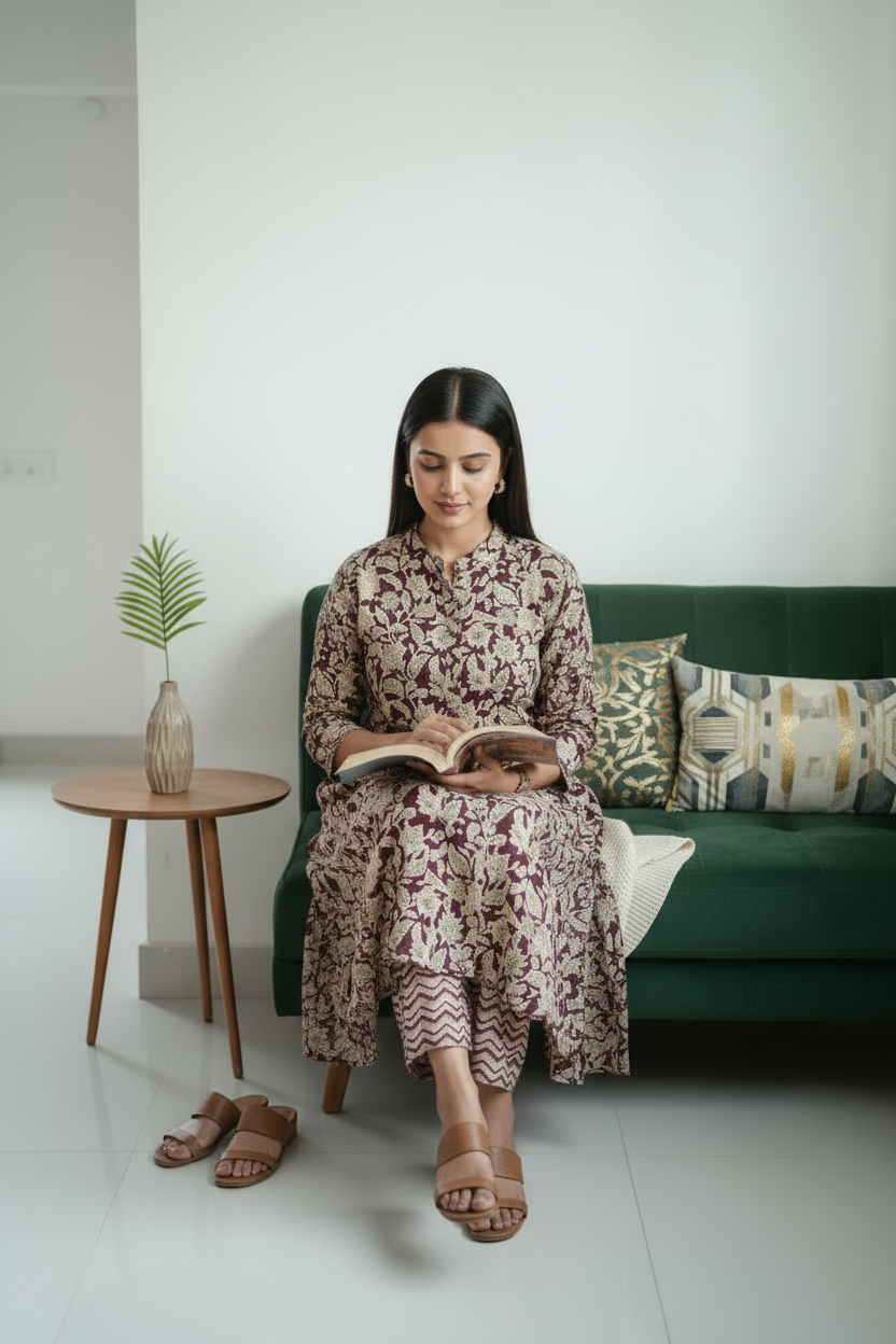 Meroon Floral Printed Cotton A Line Flared Kurti Pant Set