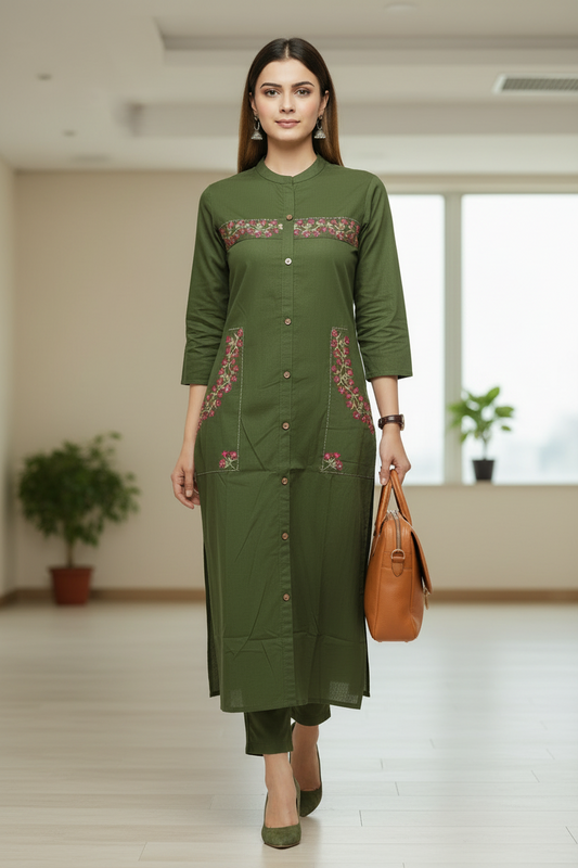 Green Embroidered Cotton Straight Kurti Pant Set