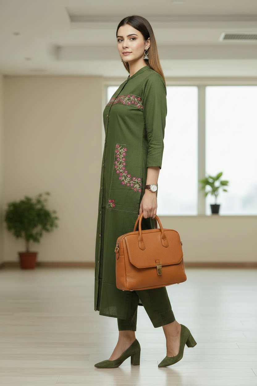 Green Embroidered Cotton Straight Kurti Pant Set