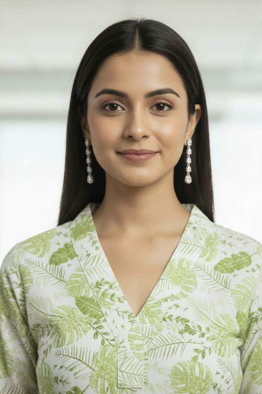 Green Leaf Printed Cotton A Line Kurti Pant Set
