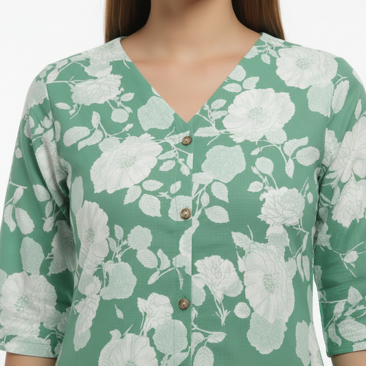 Green floral prited cotton slub A Line cordset with 3/4th sleeve , non slitted