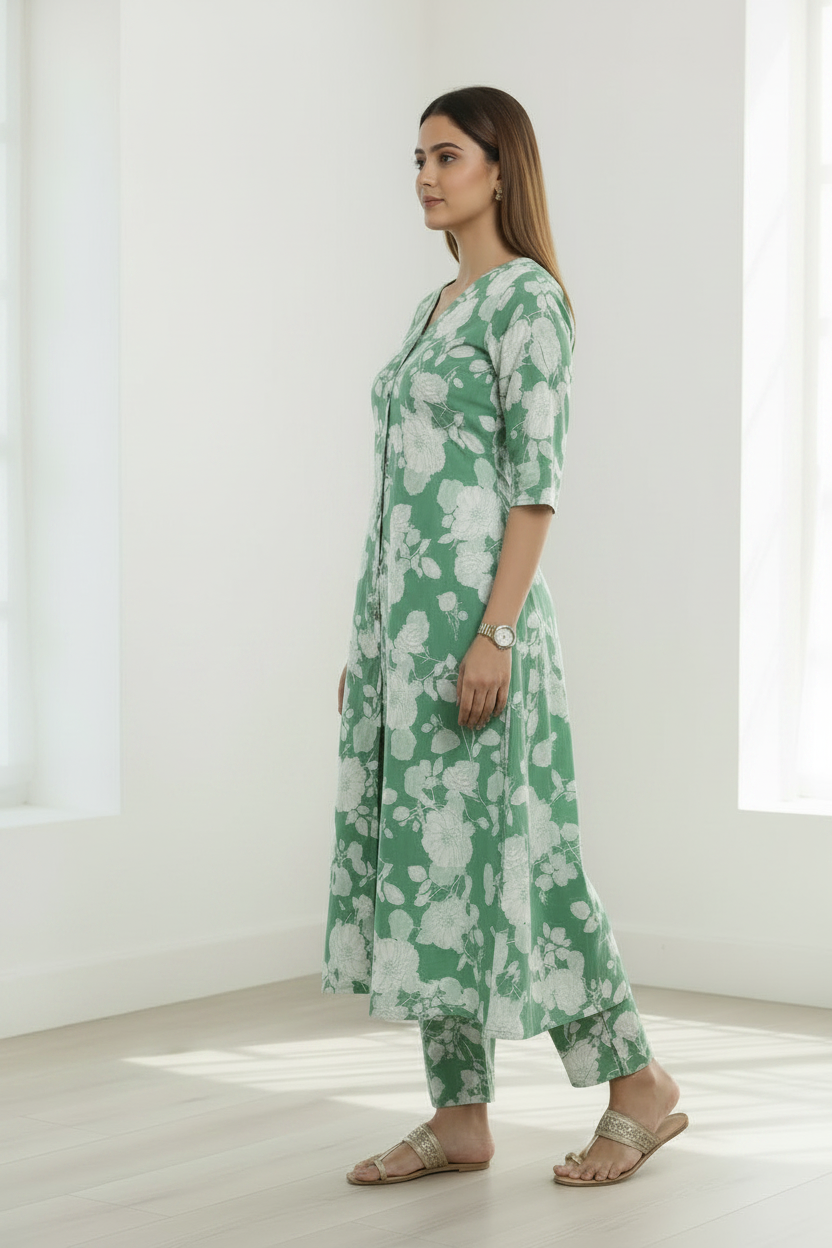 Green floral prited cotton slub A Line cordset with 3/4th sleeve , non slitted