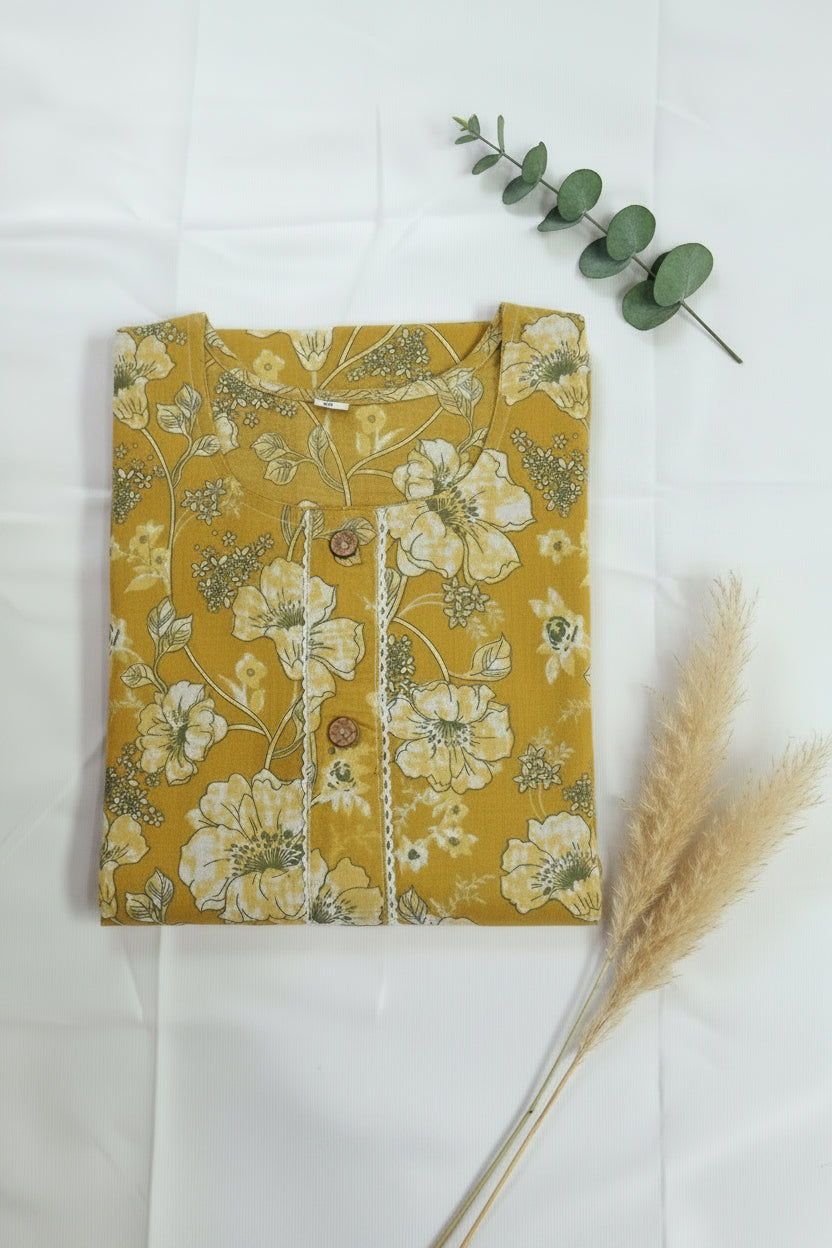Yellow floral printed cotton kurti with 3/4th sleeves