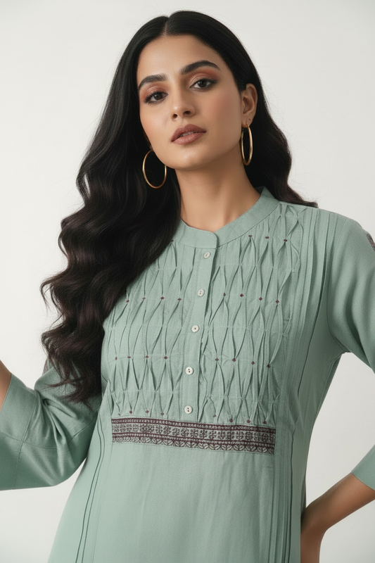 Green Embroidered Cotton flex Straight Kurti Pant set