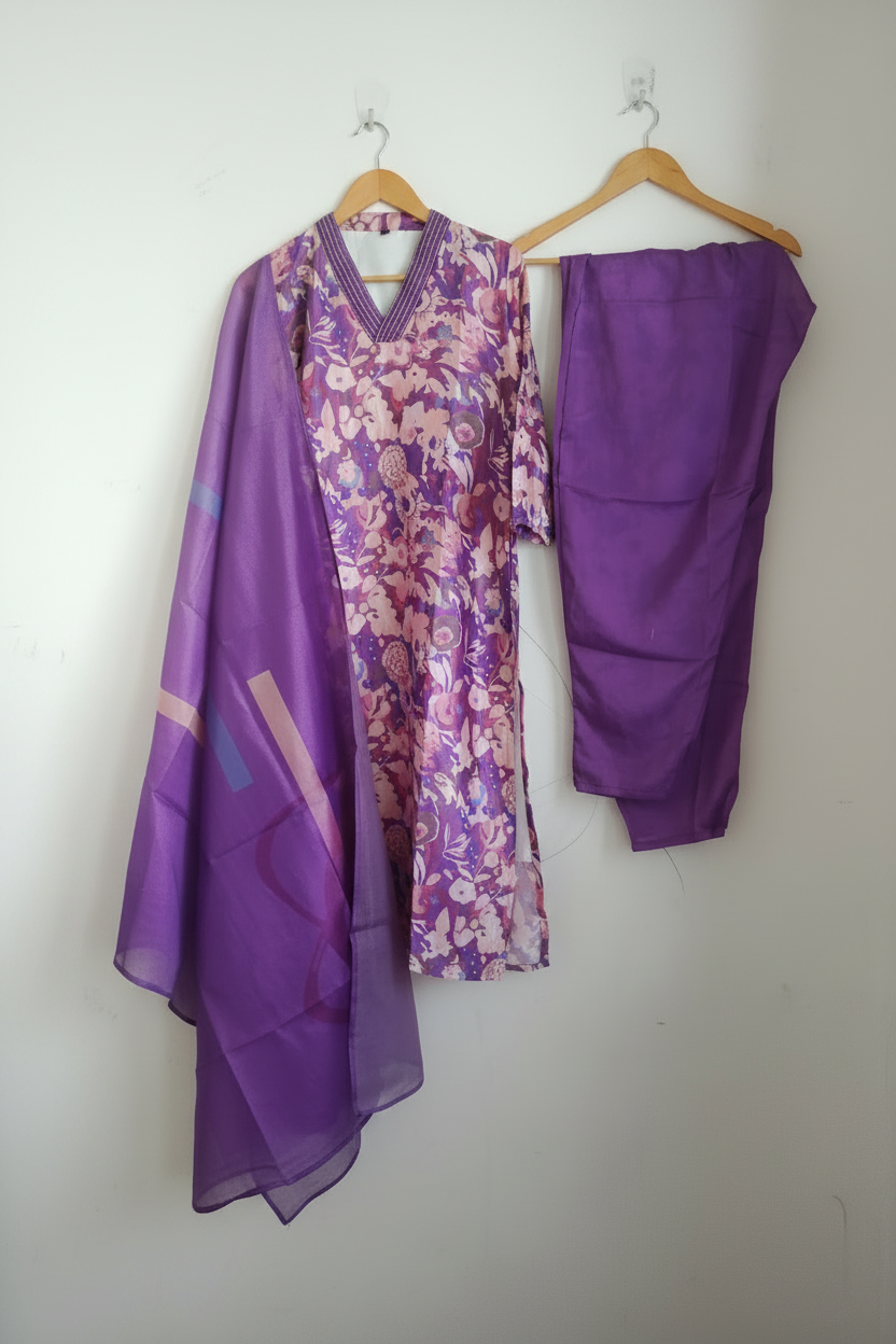 Lavender Chinnon silk Straight Kurti Pant Dupatta set