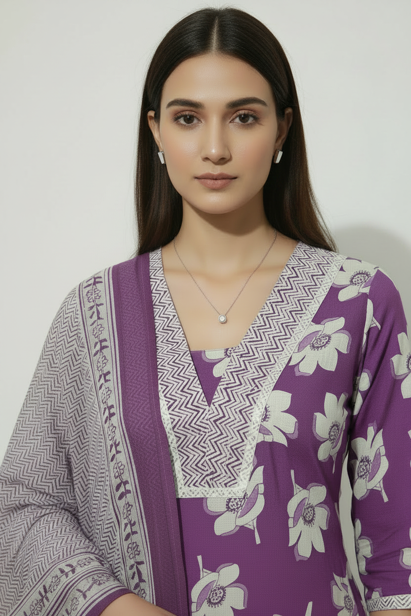 Purple Floral Printed Cotton A Line Kurti Pant Dupatta sets