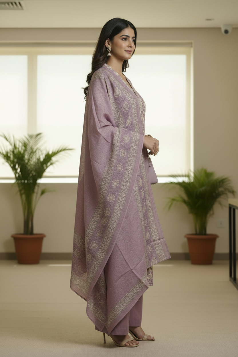 Lavender Floral Printed Chanderi Silk A Line Kurti Pant Dupatta set