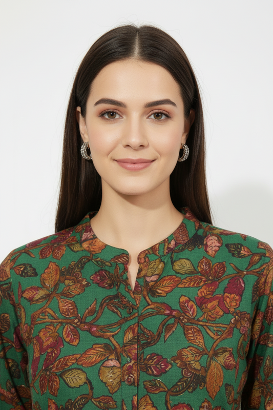 Dark Green Floral Printed A Line Kurti Pant Set