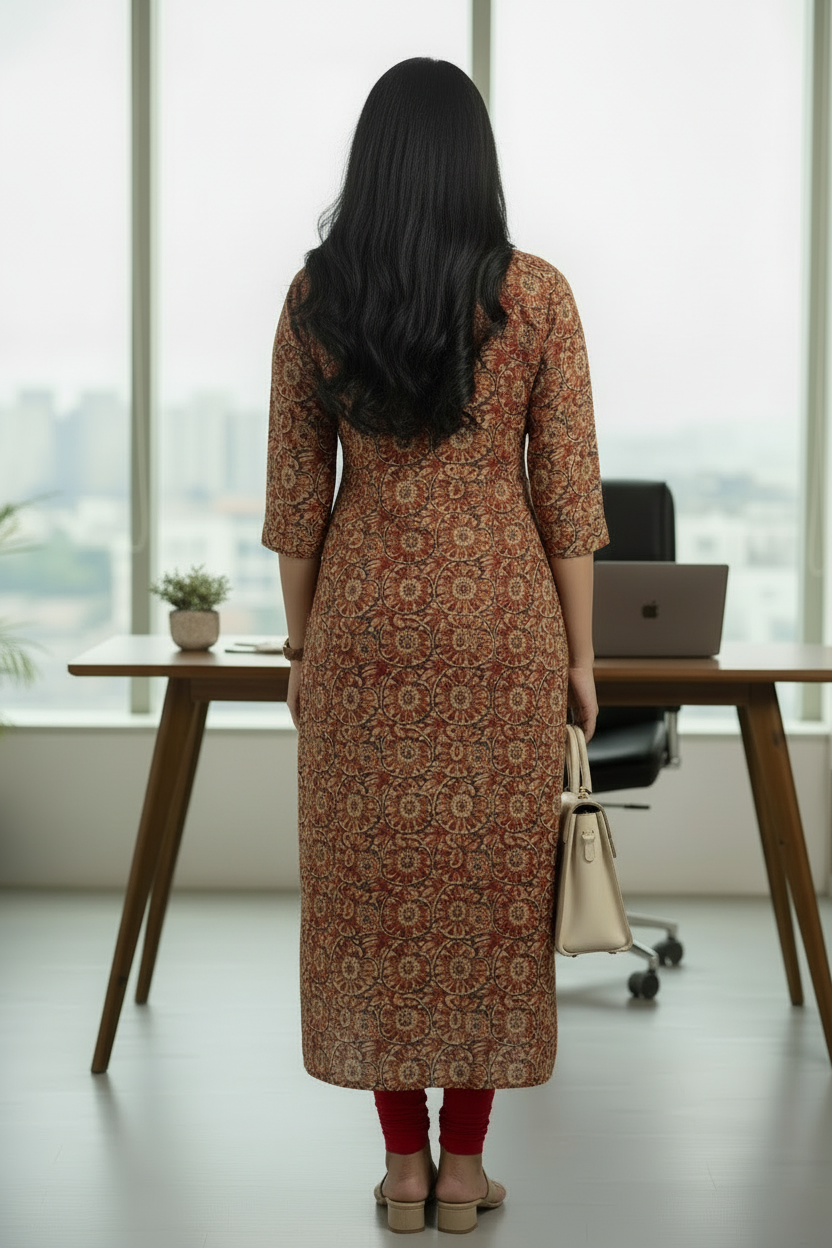 Brick Red Cotton Kalamkari Printed Straight Kurti
