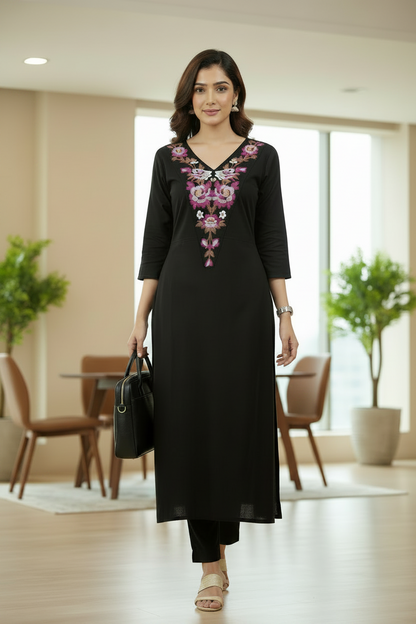 Black embroidered Cotton A Line Flared Kurti Set