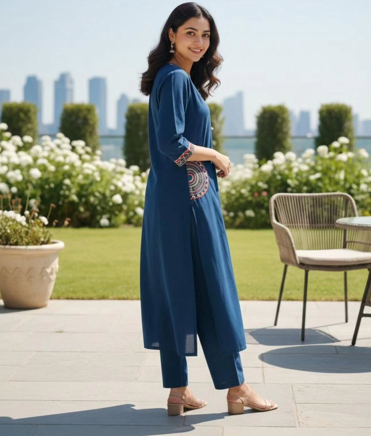 Blue Embroidered Cotton A Line Cordset