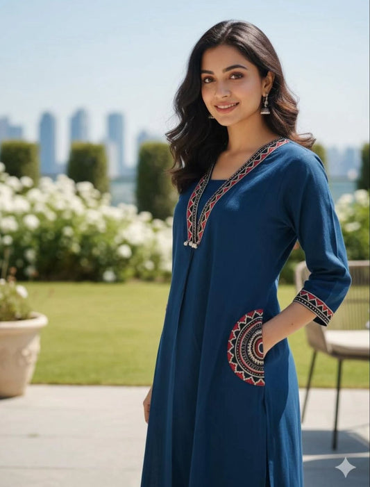 Blue Embroidered Cotton A Line Cordset