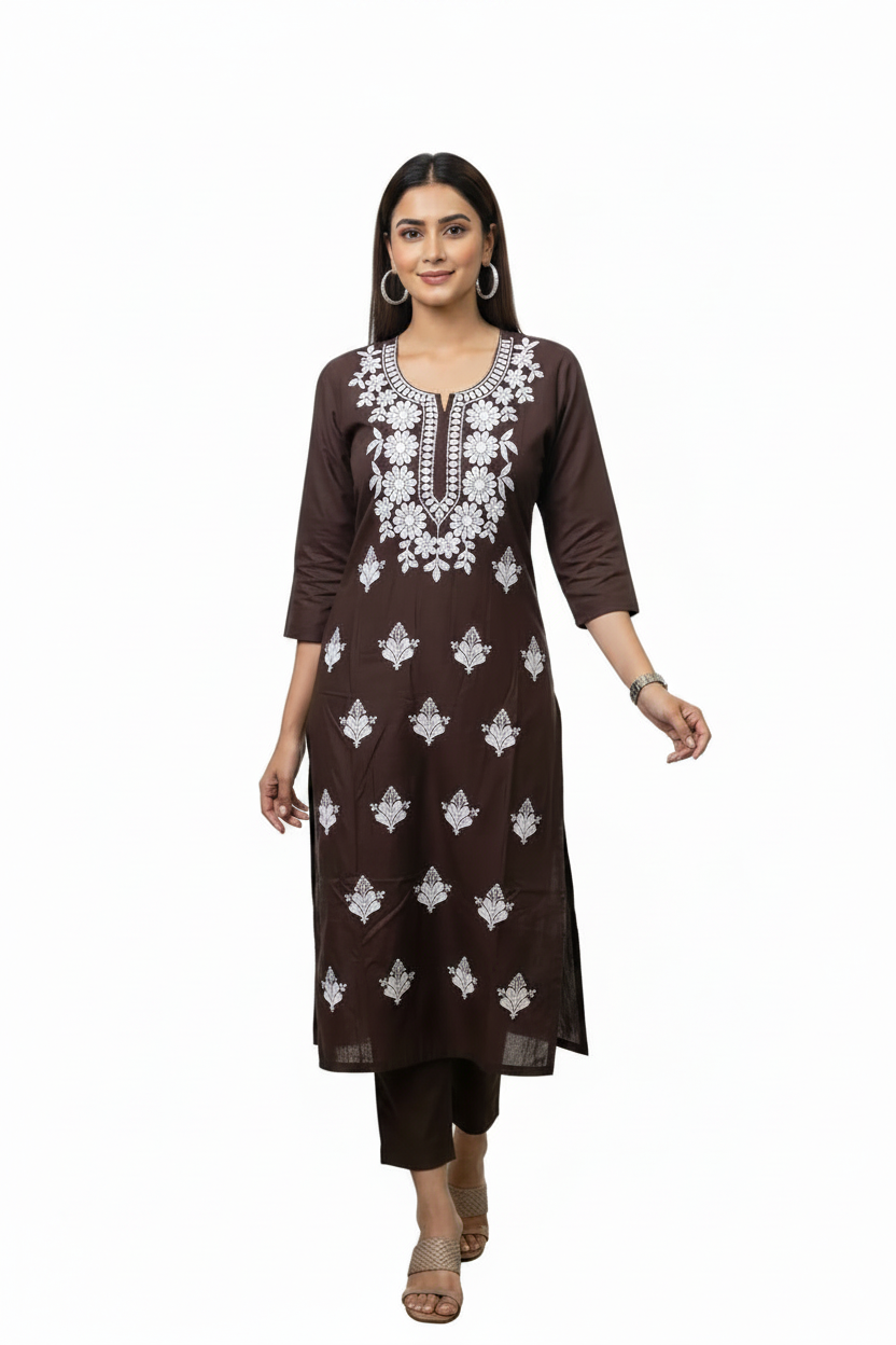 Dark Brown Viscose Rayon Chikankari Embroidered Straight kurti