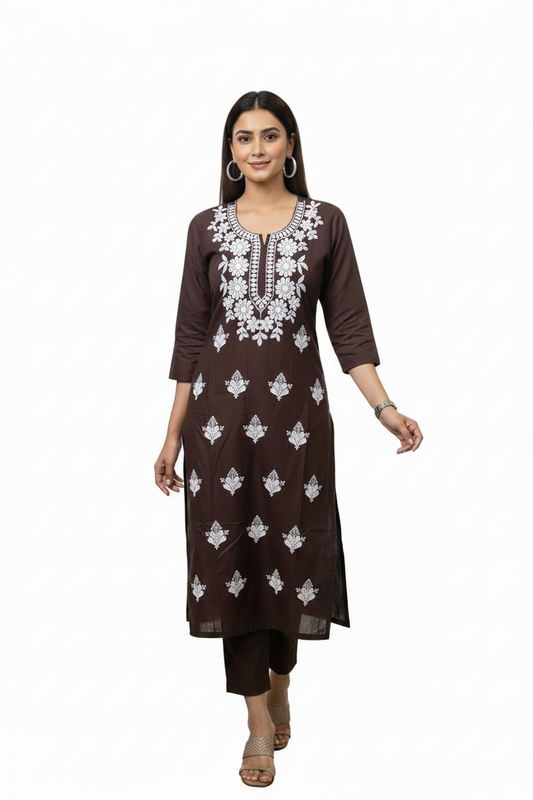 Dark Brown Viscose Rayon Chikankari Embroidered Straight kurti