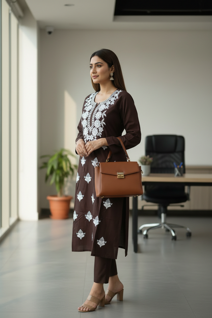 Dark Brown Viscose Rayon Chikankari Embroidered Straight kurti
