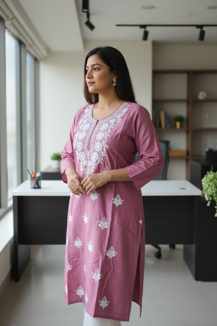 Onion Pink Viscose Rayon Chikankari straight Kurti