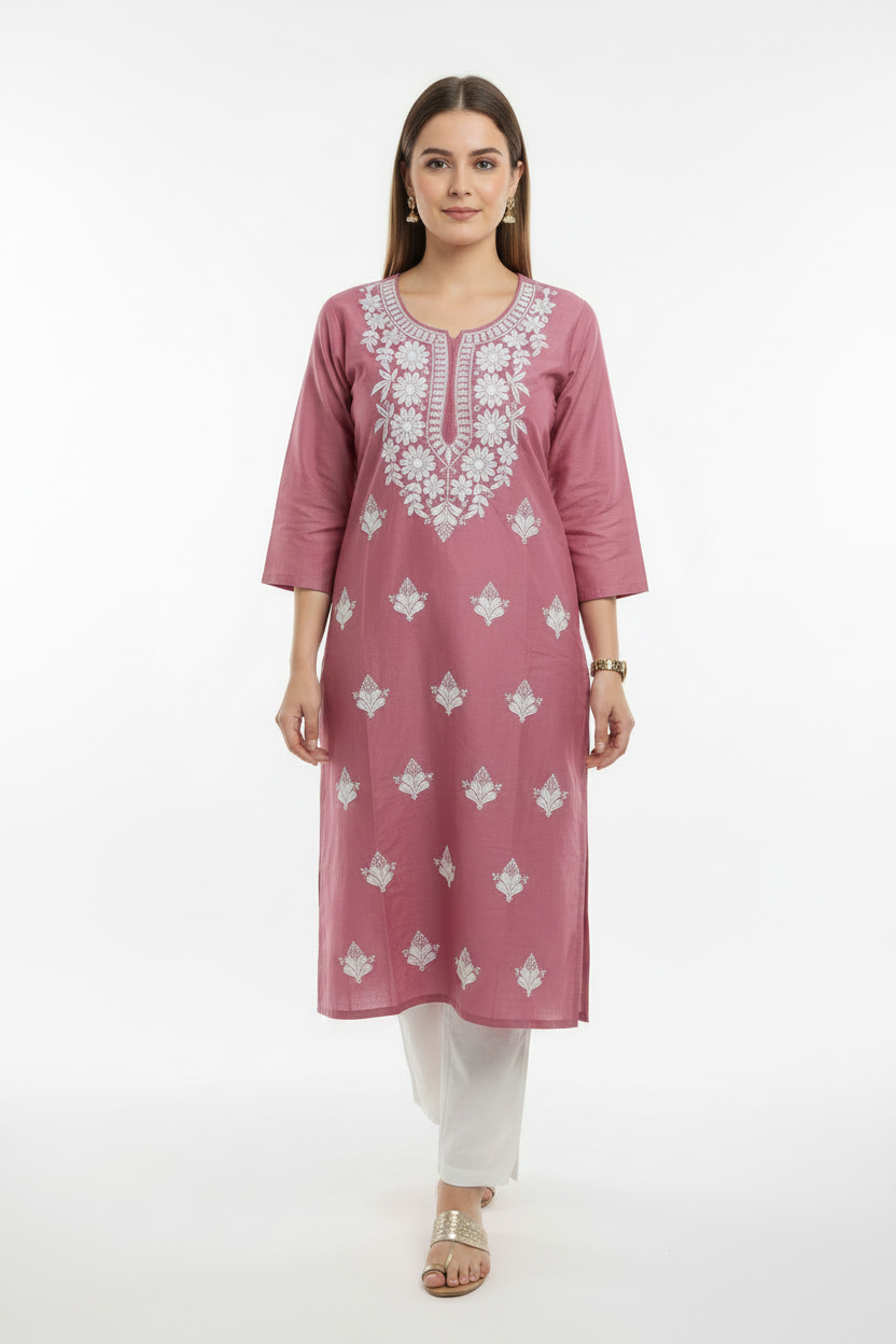 Onion Pink Viscose Rayon Chikankari straight Kurti