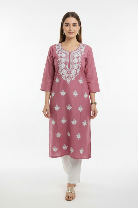 Onion Pink Viscose Rayon Chikankari straight Kurti