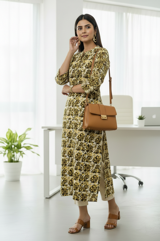 Yellow Cottton printed Straight Kurti with 3/4 th sleeves