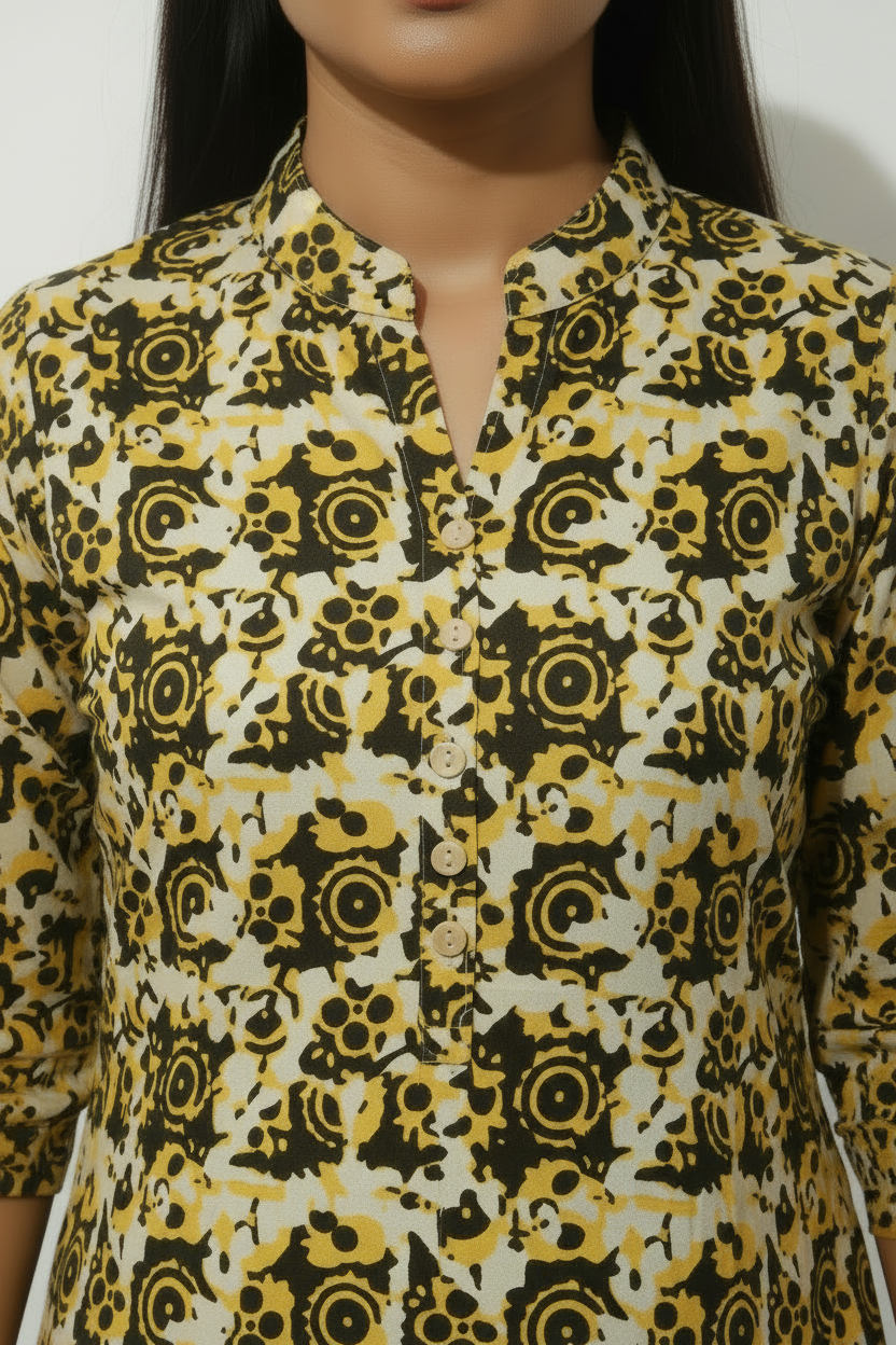 Yellow Cottton printed Straight Kurti with 3/4 th sleeves