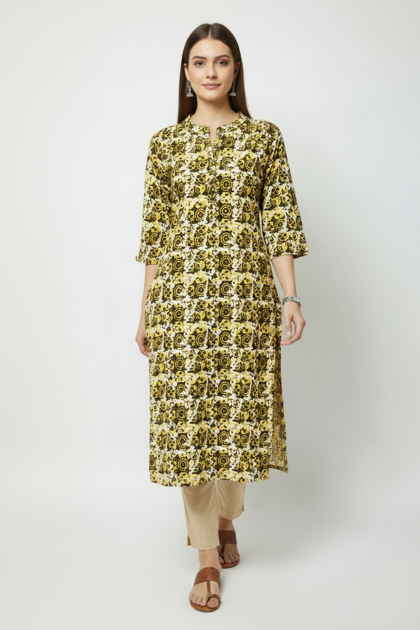 Yellow Cottton printed Straight Kurti