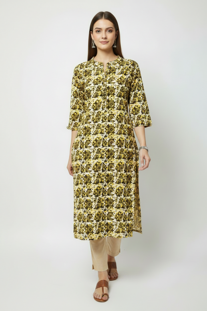 Yellow Cottton printed Straight Kurti