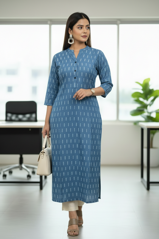 Blue Cotton Printed A line Kurti