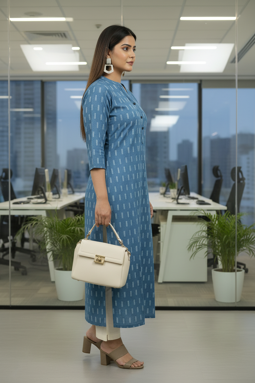 Blue Cotton Printed A line Kurti