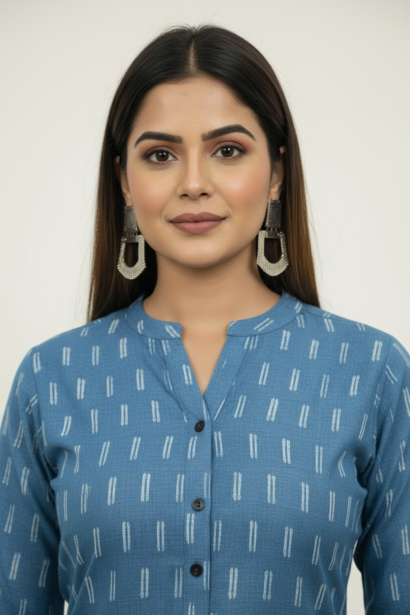 Blue Cotton Printed A line Kurti