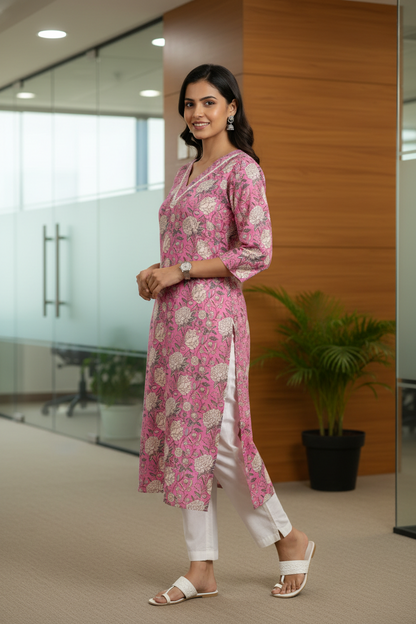 Pink Cotton Floral Printed A Line Kurti