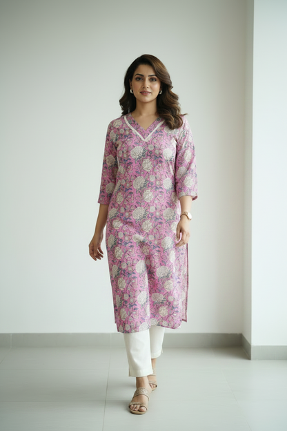 Pink Cotton Floral Printed A Line Kurti