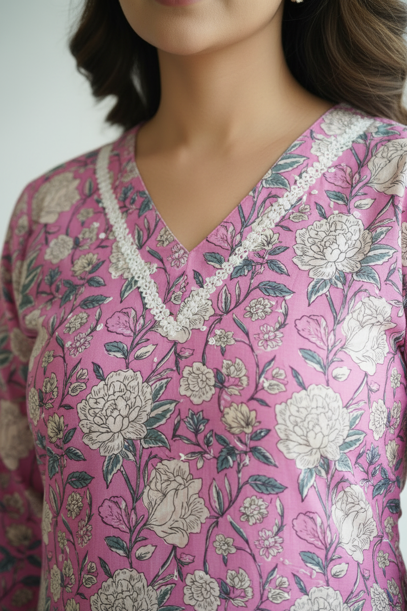 Pink Cotton Floral Printed A Line Kurti