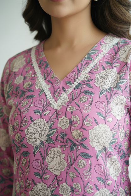 Pink Cotton Floral Printed A Line Kurti