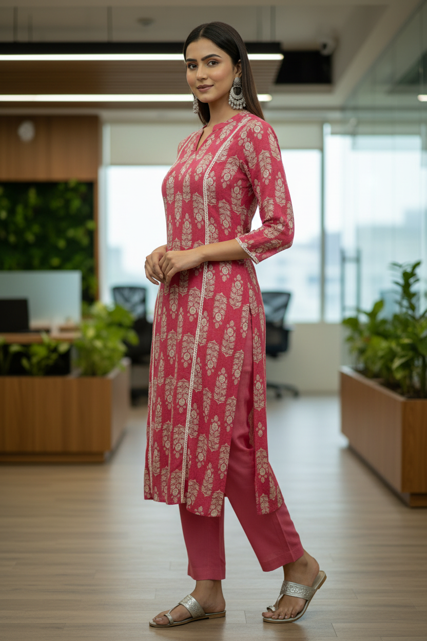 Pink Cotton Floral Printed A line Kurti