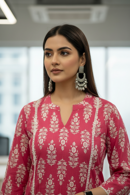 Pink Cotton Floral Printed A line Kurti