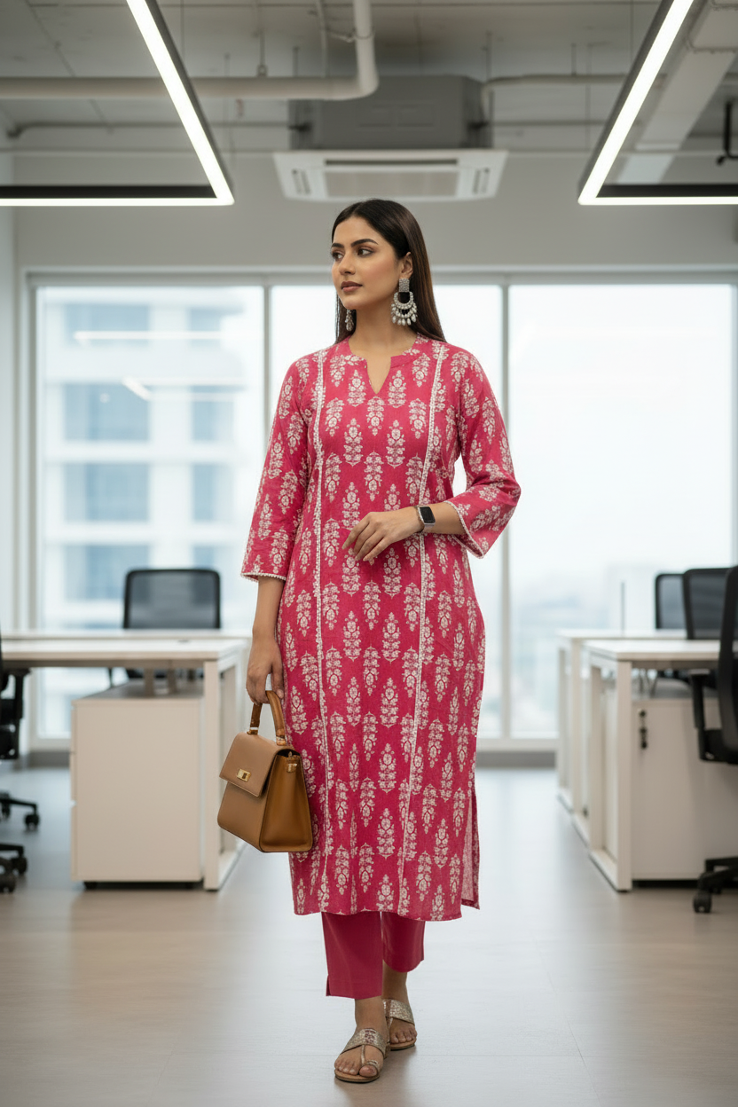Pink Cotton Floral Printed Aline Kurti