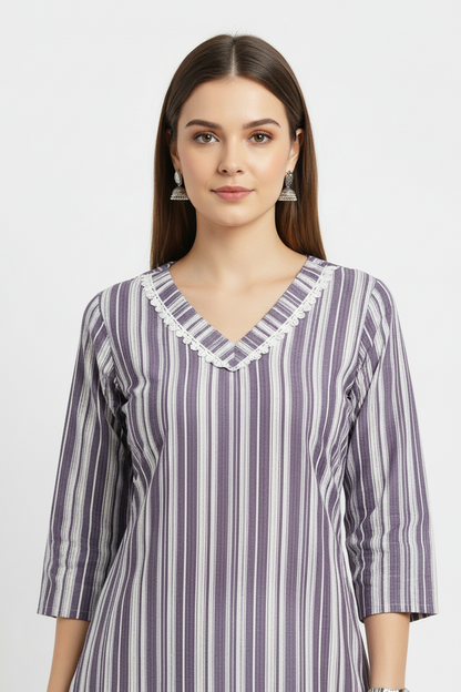 Grey Cotton Vertical Striped A-Line Kurti